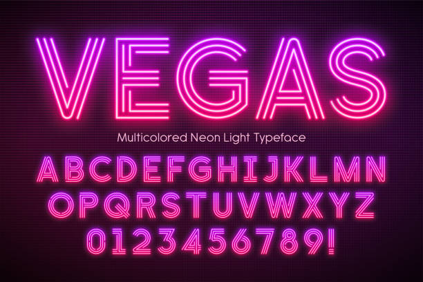 Neon light alphabet, multicolored extra glowing font Neon light alphabet, multicolored extra glowing font. Exclusive swatch color control. clubbing stock illustrations