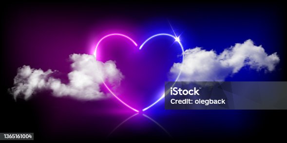 istock Neon light heart frame glowing among soft clouds in dark sky vector illustration. 3d realistic heart shape of electric blue and pink neon color and bright sparkle flare in abstract night background. 1365161004