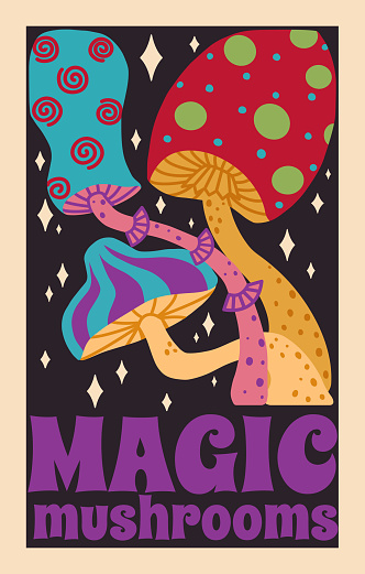 1970 Psychedelic Groovy Neon Mushrooms Poster in Retro Style. Crazy, Hippie Aesthetics. Hand-Drawn Vector Illustration on Black Background.