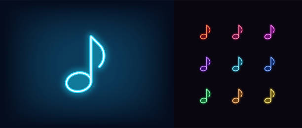 Neon music note icon. Glowing neon note sign, melody Neon music note icon. Glowing neon note sign, melody in vivid colors. Music festival, radio show, musical evening, karaoke, audio record. Icon set, sign, symbol for UI. Vector illustration music symbols stock illustrations