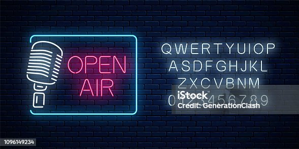 istock Neon open air signboard with microphone in restangle frame and alphabet. Open air with live speaking concert icon. 1096149234