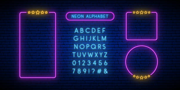 Neon rating sign. Bright blue neon font. Set of neon frames and english alphabet on a dark brick background. Vector neon design template. Neon rating sign. Bright blue neon font. Set of neon frames and english alphabet on a dark brick background. Vector neon design template. alphabet borders stock illustrations