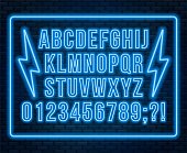 Neon red font. Bright capital letters with numbers on a dark background. Vector illustration.