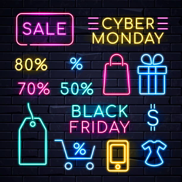 Neon Sales Sign Illuminated neon signs logo frame light electric banners glowing on black brickwall background,big huge sales concept set.Neons sign logos Black friday Cyber monday,percent sale billboards cyber monday stock illustrations