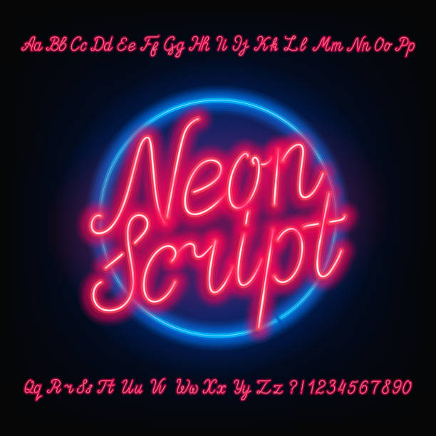 Neon script alphabet font. Red neon uppercase and lowercase letters. vector art illustration