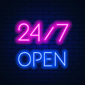 Neon sign 24 7 on brick wall background. Vector illustration of EPS 10