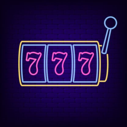 Neon sign of slot machine with lucky sevens jackpot. Casino gaming machine - night light neon signboard. Vector illustration.