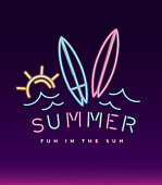 Vector illustration of a Neon sign tropical summer fun design. Includes tropical elements. Retro 80s style. Fully editable