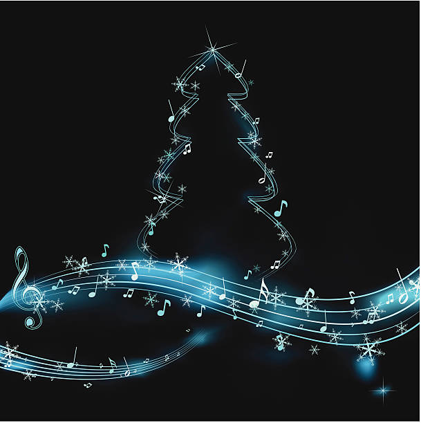 neon sound of christmas EPS8 illustration. Neon shining christmas tree with music staff as a symbol of holiday carols and music. christmas music background stock illustrations