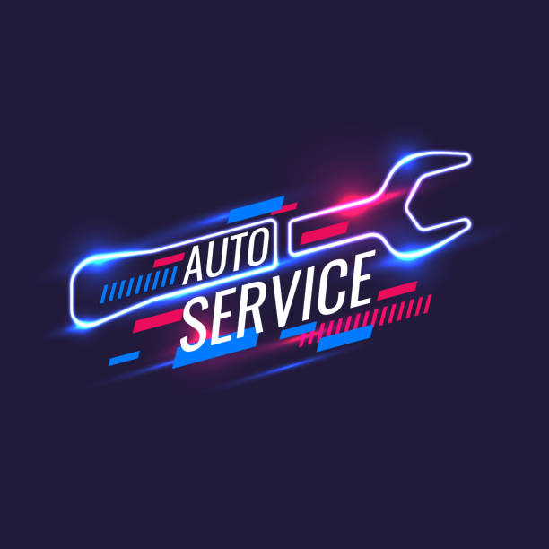 Neon style, auto service poster. Vector illustration Neon style, auto service poster. Vector illustration and template. mechanic backgrounds stock illustrations