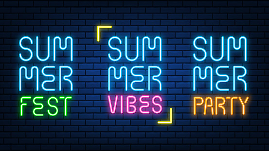 Neon summer viber text signs glowing color shining led or halogen lamps frame banners. on brick wall vector set.