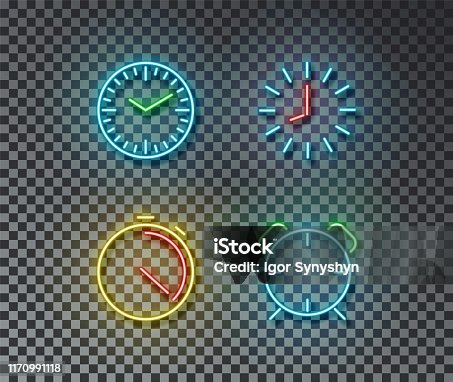 istock Neon time signs vector isolated on brick wall. Timer, clock, stopwatch, alarm light symbol, decorati 1170991118