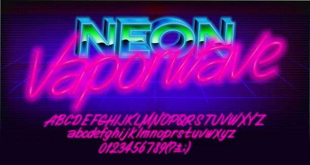 Neon Vaporwave alphabet font. Glowing neon letters, numbers and punctuations. Uppercase and lowercase. Neon Vaporwave alphabet font. Glowing neon letters, numbers and punctuations. Uppercase and lowercase. Vector typescript for your typography design. vaporwave stock illustrations