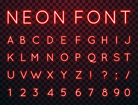 Vector set of characters in retro style. Neon font. Alphabet with glow effect. The letters and numbers in the style of techno. vector