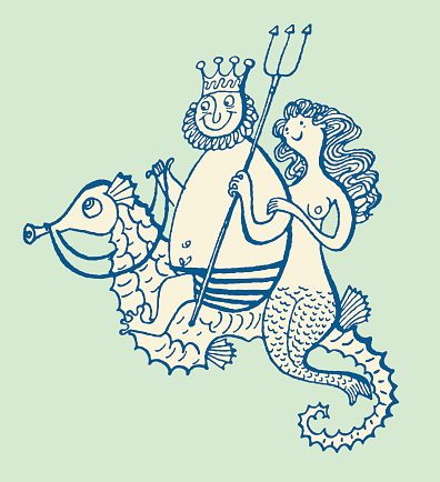 Neptune and Mermaid Riding a Seahorse