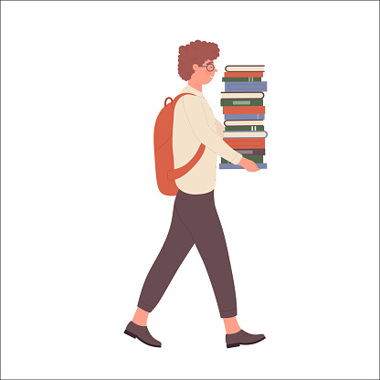 Nerd boy carrying stack of books