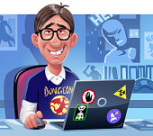 Vector illustration of an unattractive nerdy young man with glasses and a bad hair style sitting at his laptop, in his room, late at night. In the background are action figures and posters of superheroes. Concept for computer nerds, nerd and geek- culture, playing video games, cyber bullying, comic book nerds, and social media.
