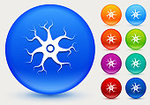 Nerve Cell Icon on Shiny Color Circle Buttons. The icon is positioned on a large blue round button. The button is shiny and has a slight glow and shadow. There are 8 alternate color smaller buttons on the right side of the image. These buttons feature the same vector icon as the large button. The colors include orange, red, purple, maroon, green, and indigo variations.