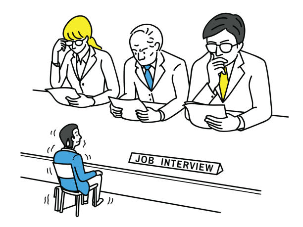 Nervous applicant in job interview Funny vector illustration of young man, an applicant, feel nervous and himself very small size during job interview, business concept of stressed, worried; nervous in looking job. interview stock illustrations