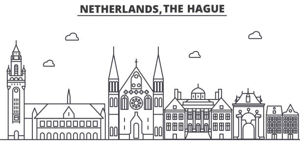 stockillustraties, clipart, cartoons en iconen met nederland, 's-gravenhage het platform lijn skyline illustratie. lineaire vector stadsgezicht met beroemde bezienswaardigheden, de bezienswaardigheden van de stad, iconen ontwerp. landschap met bewerkbare lijnen - den haag