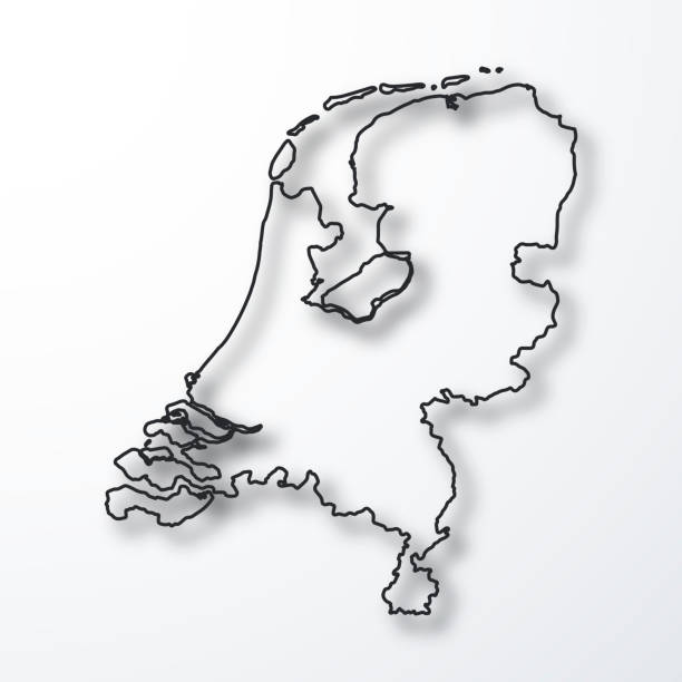 stockillustraties, clipart, cartoons en iconen met nederland kaart - zwarte omtrek met schaduw op witte achtergrond - nederland