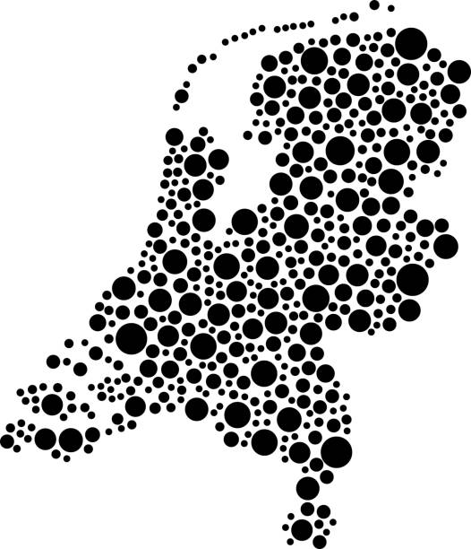 stockillustraties, clipart, cartoons en iconen met de kaart van nederland van zwarte cirkels van verschillende diameters of vlekken, vlekken, abstracte concept geometrische vorm. vectorillustratie. - netherlands