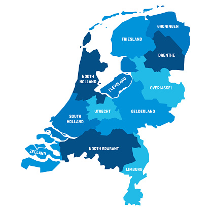 Blue political map of Netherlands. Administrative divisions - states. Simple flat vector map with labels.