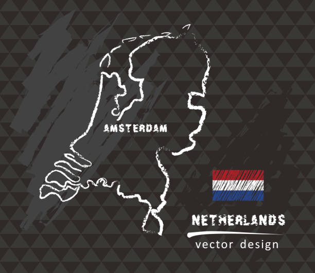 stockillustraties, clipart, cartoons en iconen met nederland kaart, vector tekening op zwarte achtergrond - nederland
