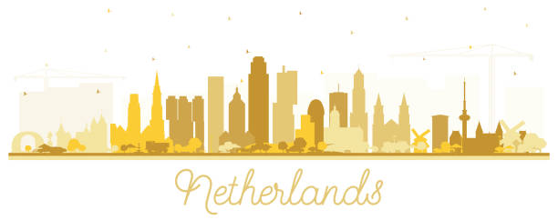 stockillustraties, clipart, cartoons en iconen met het silhouet van de horizon van nederland met gouden gebouwen die op wit worden geïsoleerd. - den haag
