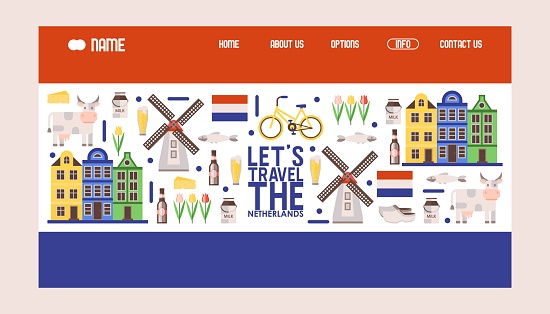 オランダの旅行アイコンベクトルのイラストオランダの旗の色でツアー代理店のウェブサイトのデザインランディングページテンプレートオランダ風車自転車チューリップの主 アムステルダムのベクターアート素材や画像を多数ご用意 Istock