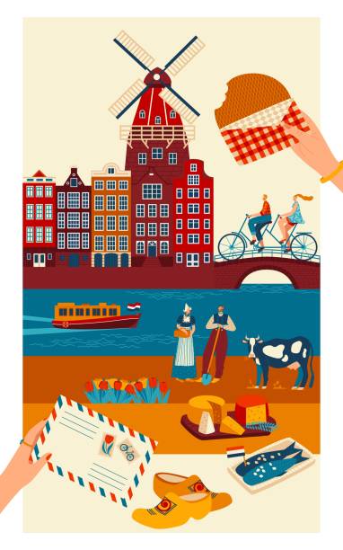 stockillustraties, clipart, cartoons en iconen met de reiskaartkaart van nederland, belangrijkste symbolen van nederlandse cultuur en sightseeing oriëntatiepunten, vectorillustratie - netherlands