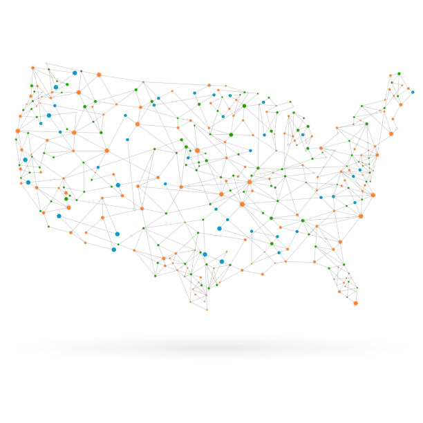 ilustraciones, imágenes clip art, dibujos animados e iconos de stock de estados unidos mapa de red con puntos y conexiones sobre un fondo blanco - contact us