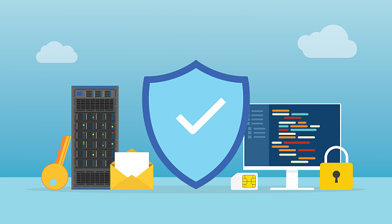 network security concept with shield and padlock server with programming language with modern flat style vector illustration