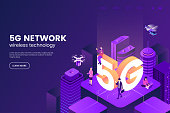 5G network wireless technology vector illustration. Isometric smart city with big letters 5g and tiny people. Modern city connected to global network. Internet in urban environment. Eps 10.