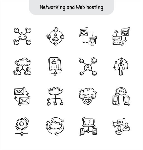 Networking and Web Hosting Networking and Web hosting hand drawn icons - Doodle security drawings stock illustrations