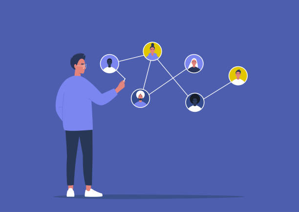 Networking concept, young male character connecting together different members of the system Networking concept, young male character connecting together different members of the system avatar patterns stock illustrations