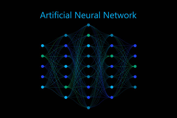 Neural network model with thin synapses between neurons Neural network model with thin synapses and circle neurons connected in a full mesh. Vector illustration on black background. Applicable for web design, banners, presentations deep learning stock illustrations