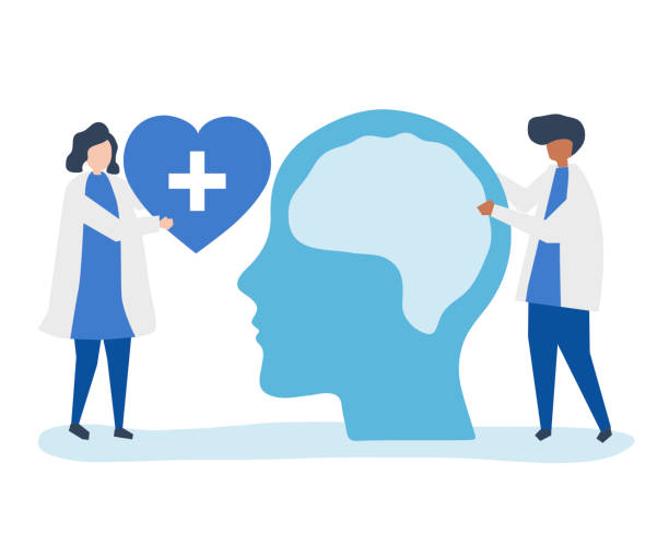 Neuroscientists with a giant chart of human brain and a heart icon Neuroscientists with a giant chart of human brain and a heart icon mental illness stock illustrations