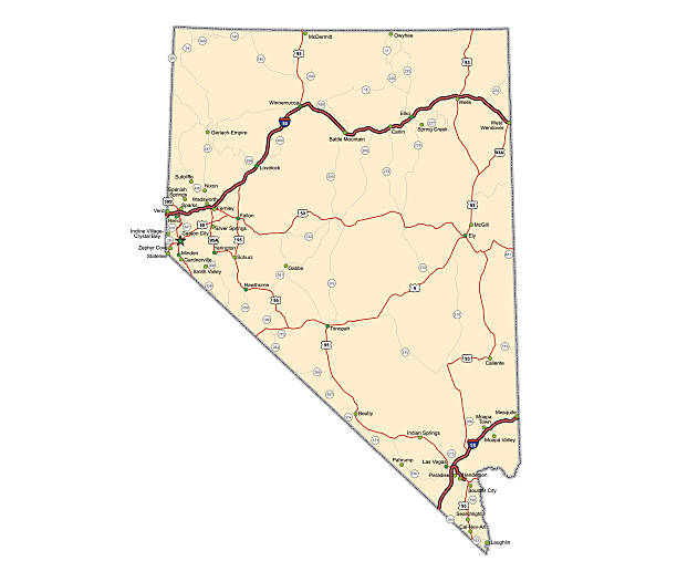 Nevada Highway Map Highway map of the state of Nevada with Interstates and US Routes.  It also has many, but not all, state routes (labeled) and many cities on it as well (all county seats, State Capitol and many other cities, but not all).   nevada stock illustrations