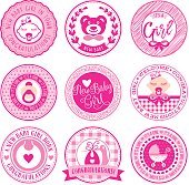 Set of 9 labels and seals on new born baby girl theme.