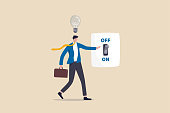 istock New business ideas, inspiration and creativity to think about new idea concept, smart businessman in suit switching on the switch to turn on lightbulb lamp over his head metaphor of discover new idea. 1284023353