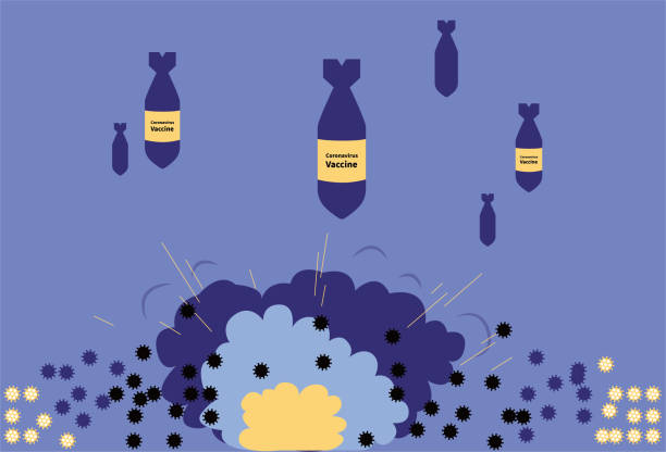 New coronavirus bombed by vaccine bomb vaccination，COVID—19，Bomb，explosive torpedo weapon stock illustrations