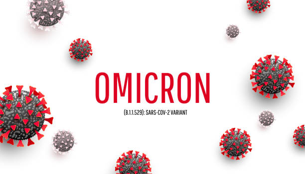 새로운 코로나바이러스 또는 sars-cov-2 변종 omicron b.1.1.529 텍스트 장소와 흰색 배경에 세포 질환 또는 covid-19 박테리아와 현실적인 개념 - omicron stock illustrations