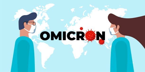 new coronavirus variant of covid-19 strain omicron and doctors banner concept. world alert attack sign with medical staff doctor and nurse. mutated corona virus outbreak vector illustration - omicron stock illustrations