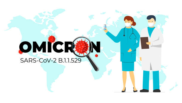 новый коронавирусный вариант штамма covid-19 omicron b.1.1.529 и ученые медики с вакциной. мутировала вспышка смертельной инфекции коронавирусом. илл� - omikron stock illustrations