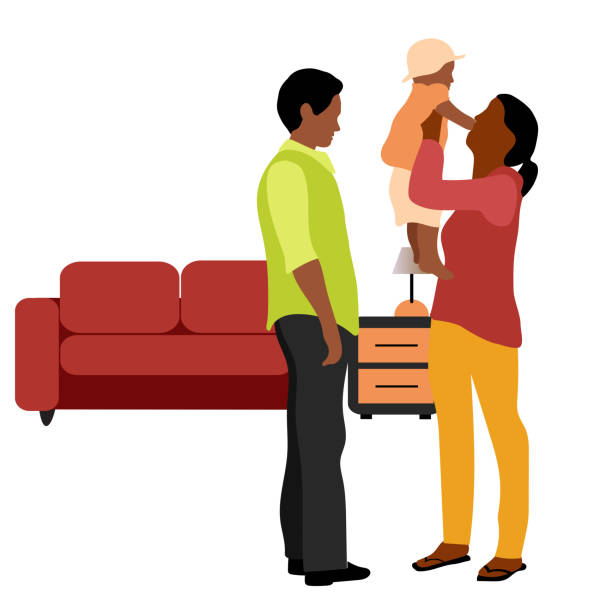 New Family Home Life Flat Design Flat design colorful illustration of a new family in their living room,  mom is lifting baby in the air playfully latin family stock illustrations