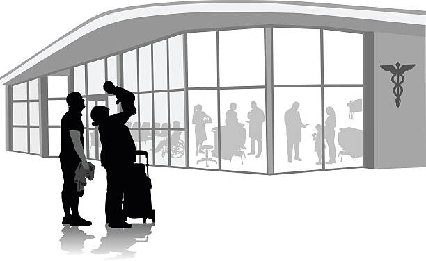 New Family Medical Clinic A vector silhouette illustration of a young family outside of a medical clinic.  The family is a father and a mother holding their baby up in the air standing beside a stroller. hospital silhouettes stock illustrations