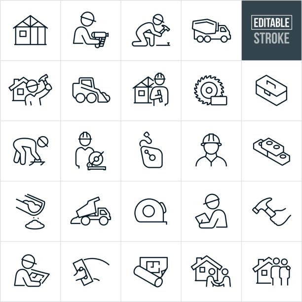 New Home Construction Thin Line Icons - Editable Stroke A set of new home construction icons that include editable strokes or outlines using the EPS vector file. The icons include a home in a phase of construction, construction worker with nail-gun, construction worker nailing with hammer, cement truck, construction worker standing near home, machinery, architect with blueprints, power saw, toolbox, cement worker using hand trowel, chalk line, bricks, cement, dump truck, tape measure, inspector, construction worker reviewing blueprints, blueprints, home buyers and other related icons. safe move stock illustrations