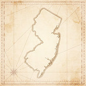 Map of New Jersey in vintage style. Beautiful illustration of antique map on an old textured paper of sepia color. Old realistic parchment with a compass rose, lines indicating the different directions (North, South, East, West) and a frame used as scale of measurement. Vector Illustration (EPS10, well layered and grouped). Easy to edit, manipulate, resize or colorize. Please do not hesitate to contact me if you have any questions, or need to customise the illustration. http://www.istockphoto.com/portfolio/bgblue