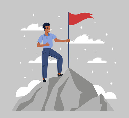 New milestone concept. Man with flag on mountain, pioneer and leader of his time. Innovation and development. Young guy on top, achieving goals and motivation. Cartoon flat vector illustration